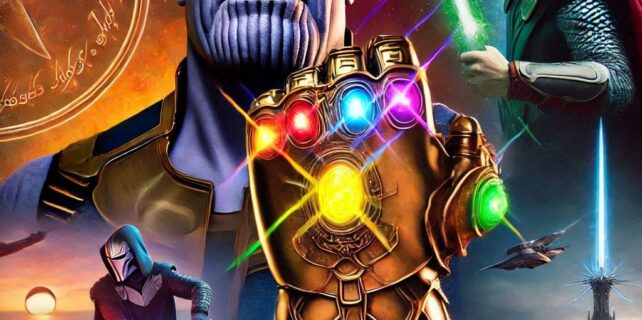 A collage with iconic images such as Thanos gauntlet (MCU), a lightsaber (Star Wars), and the One Ring (The Lord of the Rings