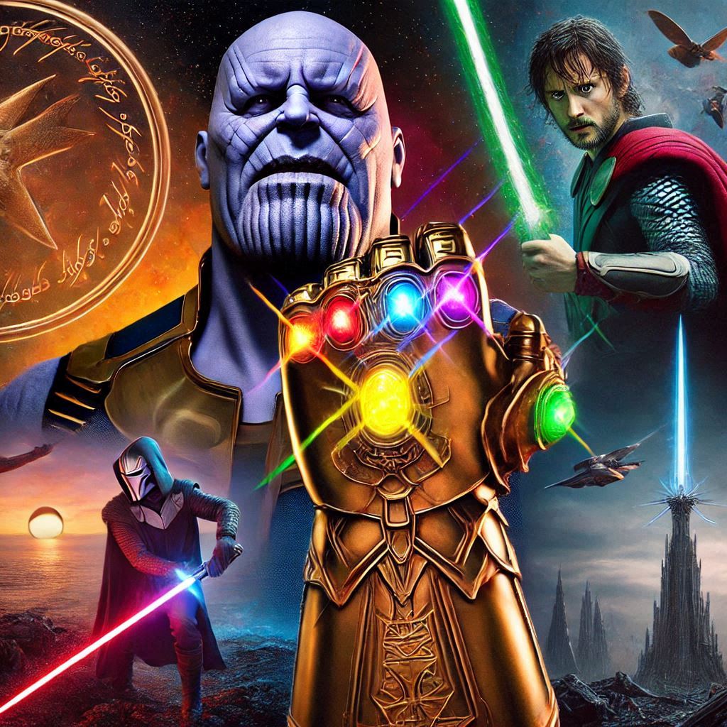 A collage with iconic images such as Thanos gauntlet (MCU), a lightsaber (Star Wars), and the One Ring (The Lord of the Rings