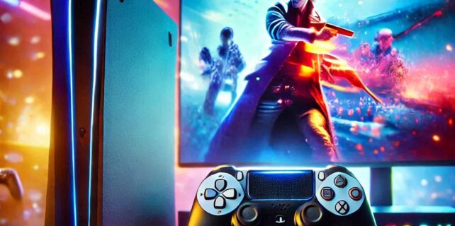 A modern video game console like PlayStation 5 or Xbox Series X with a controller and a screen showing an action game, with vibrant lights highlighting the futuristic gaming atmosphere.