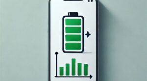 A smartphone with a battery icon on the screen, or an illustration showing a battery graph in green, on a simple and clean background, ideal for visually conveying the theme of battery life.