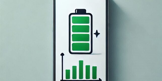 A smartphone with a battery icon on the screen, or an illustration showing a battery graph in green, on a simple and clean background, ideal for visually conveying the theme of battery life.