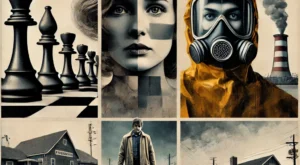 DALL·E 2025-01-01 15.31.50 – A collage-style image combining elements of the posters from ‘The Queen’s Gambit’ (a chessboard and the main character), ‘Chernobyl’ (a hazmat suit an