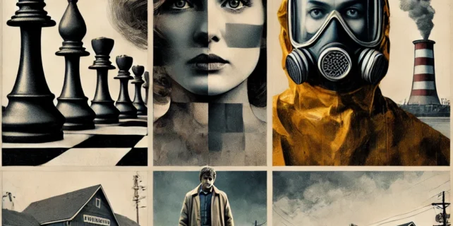 DALL·E 2025-01-01 15.31.50 – A collage-style image combining elements of the posters from ‘The Queen’s Gambit’ (a chessboard and the main character), ‘Chernobyl’ (a hazmat suit an