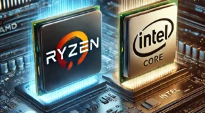 DALL·E 2025-01-01 16.06.26 – A visually striking comparison image featuring a sleek AMD Ryzen processor next to an Intel Core processor, both illuminated with futuristic lighting