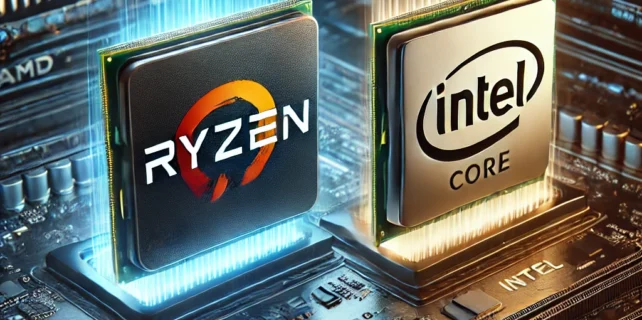 DALL·E 2025-01-01 16.06.26 – A visually striking comparison image featuring a sleek AMD Ryzen processor next to an Intel Core processor, both illuminated with futuristic lighting