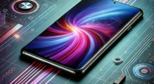 DALL·E 2025-01-01 16.22.21 – A sleek and modern smartphone with a vibrant AMOLED display showing an abstract tech background, with a futuristic design and high-tech details, repre