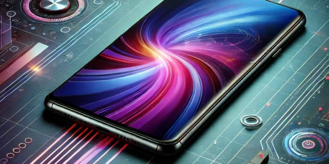 DALL·E 2025-01-01 16.22.21 – A sleek and modern smartphone with a vibrant AMOLED display showing an abstract tech background, with a futuristic design and high-tech details, repre