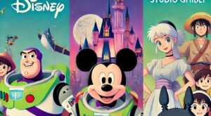 Disney, Pixar, Studio Ghibli characters like Mickey Mouse, Buzz Lightyear, and Totoro with a colorful and eye-catching background. Text_ The impact of animated film_ From Disney to anime.