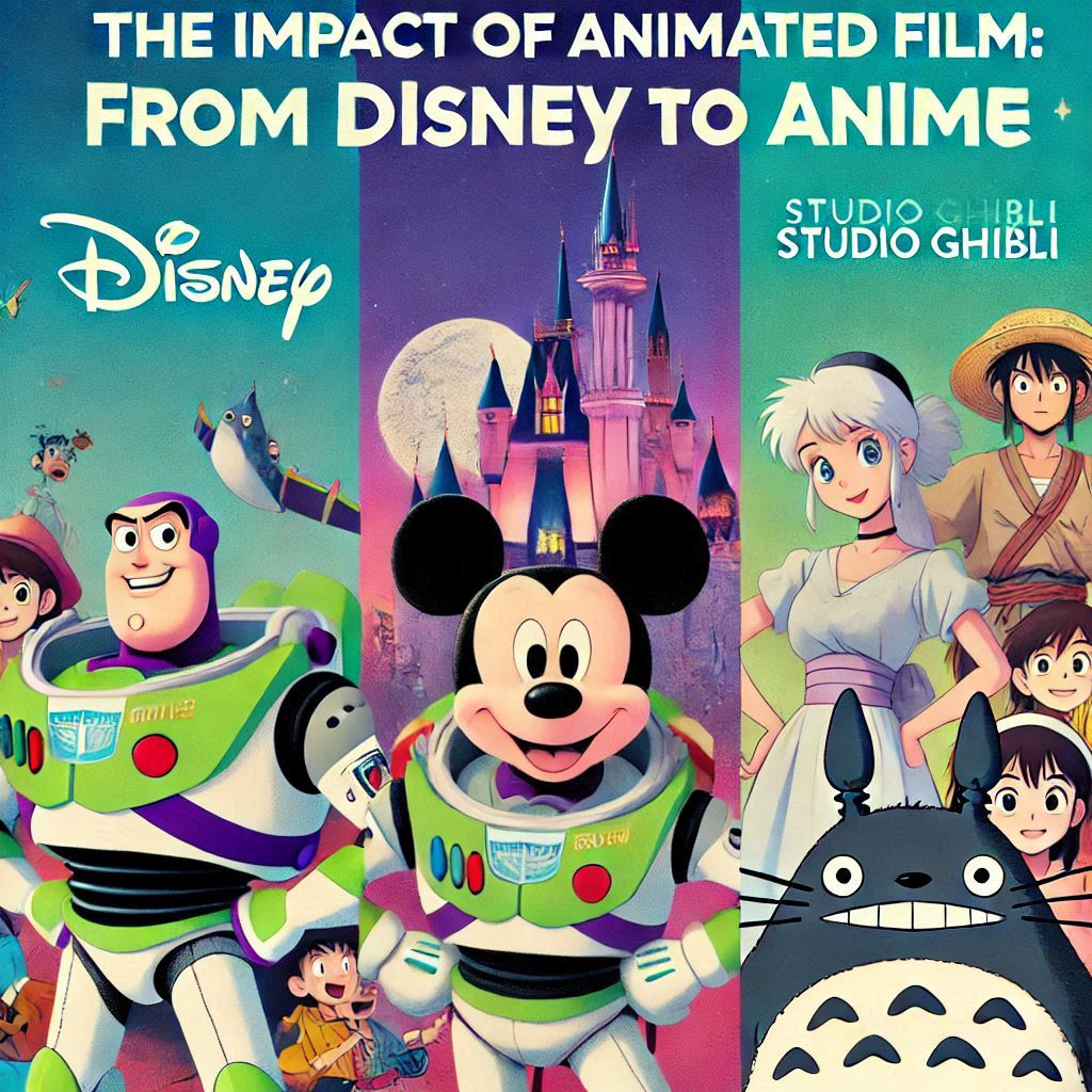 Disney, Pixar, Studio Ghibli characters like Mickey Mouse, Buzz Lightyear, and Totoro with a colorful and eye-catching background. Text_ The impact of animated film_ From Disney to anime.