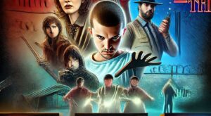 Personajes icónicos de series modernas como Stranger Things, Game of Thrones y The Mandalorian, con un fondo de pantallas de televisión brillando. Texto_ De la TV al streaming_ La evolución de las series