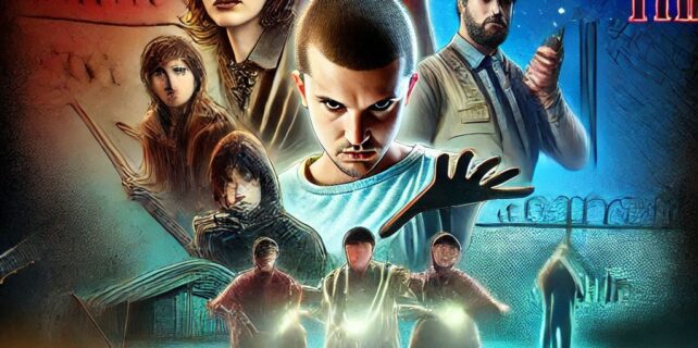 Personajes icónicos de series modernas como Stranger Things, Game of Thrones y The Mandalorian, con un fondo de pantallas de televisión brillando. Texto_ De la TV al streaming_ La evolución de las series