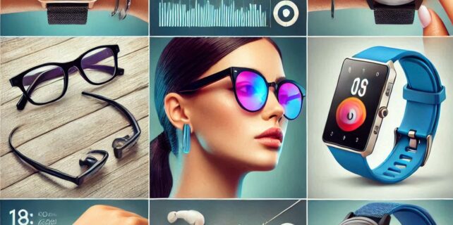 Un collage de diferentes dispositivos wearables, como un reloj inteligente, una pulsera de actividad y gafas inteligentes, para mostrar la diversidad de estos dispositivos.