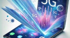 Un teléfono inteligente moderno con una pantalla plegable o un dispositivo con tecnología 5G, mostrando avances en diseño y características.