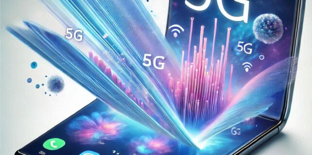 Un teléfono inteligente moderno con una pantalla plegable o un dispositivo con tecnología 5G, mostrando avances en diseño y características.