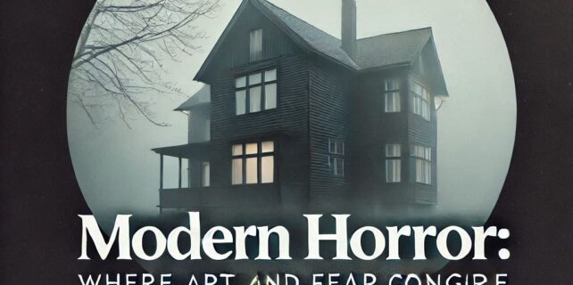 Una imagen atmosférica de una casa embrujada en la niebla, con un diseño minimalista y el texto_ Cine de Terror Moderno_ Donde el Arte y el Miedo Convergen (1)