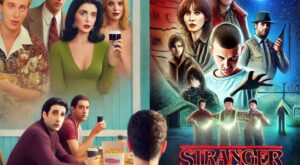 Una pantalla dividida con escenas de series clásicas como Friends y modernas como Stranger Things, junto con el texto De clásicos a virales_ El impacto de las series en la cultura pop