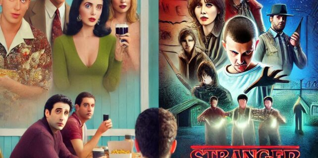 Una pantalla dividida con escenas de series clásicas como Friends y modernas como Stranger Things, junto con el texto De clásicos a virales_ El impacto de las series en la cultura pop