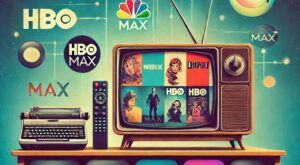 Una televisión retro con una pantalla moderna de streaming que muestre íconos como Netflix, HBO Max y Disney+, con un texto llamativo_ Del cable al streaming_ La evolución de las series