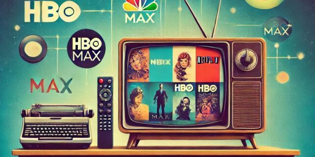 Una televisión retro con una pantalla moderna de streaming que muestre íconos como Netflix, HBO Max y Disney+, con un texto llamativo_ Del cable al streaming_ La evolución de las series