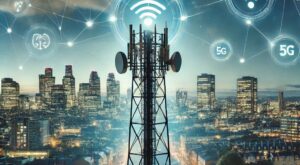 Una torre de telecomunicaciones moderna en un entorno urbano, con iconos digitales superpuestos para simbolizar la conectividad y el alcance del 5G.