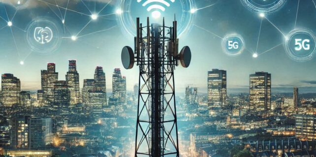 Una torre de telecomunicaciones moderna en un entorno urbano, con iconos digitales superpuestos para simbolizar la conectividad y el alcance del 5G.