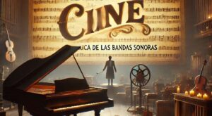 A piano, a musical score, and a movie screen in the background with the text_ El Alma del Cine_ La Magia de las Bandas Sonoras