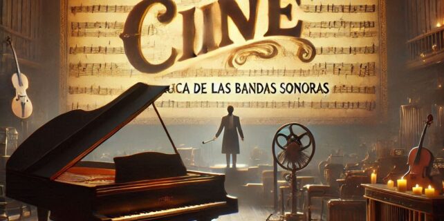 A piano, a musical score, and a movie screen in the background with the text_ El Alma del Cine_ La Magia de las Bandas Sonoras