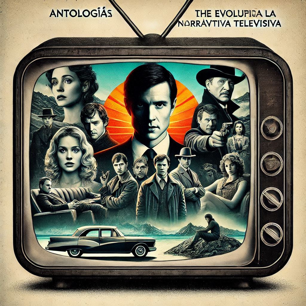 A retro television combined with iconic scenes from series like Black Mirror and True Detective, with the text_ Antologías_ La Evolución de la Narrativa Televisiva