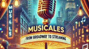 A vibrant image of an illuminated Broadway stage, with a microphone in the foreground and an attractive text like_ Musicales_ From Broadway to Streaming