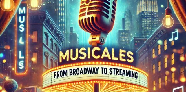 A vibrant image of an illuminated Broadway stage, with a microphone in the foreground and an attractive text like_ Musicales_ From Broadway to Streaming