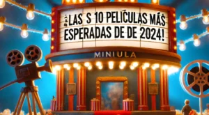 DALL·E 2024-12-11 23.41.08 – Miniatura para un artículo titulado ‘¡Las 10 películas más esperadas de 2024!’. Fondo azul oscuro con luces brillantes estilo alfombra roja de estreno