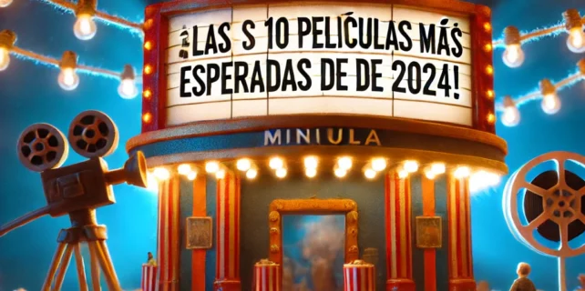 DALL·E 2024-12-11 23.41.08 – Miniatura para un artículo titulado ‘¡Las 10 películas más esperadas de 2024!’. Fondo azul oscuro con luces brillantes estilo alfombra roja de estreno