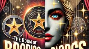 DALL·E 2024-12-12 17.41.17 – A visually captivating thumbnail for a video titled ‘The Boom of Biopics_ Stories of Stars Coming to Screen.’ The design includes a split-screen effec