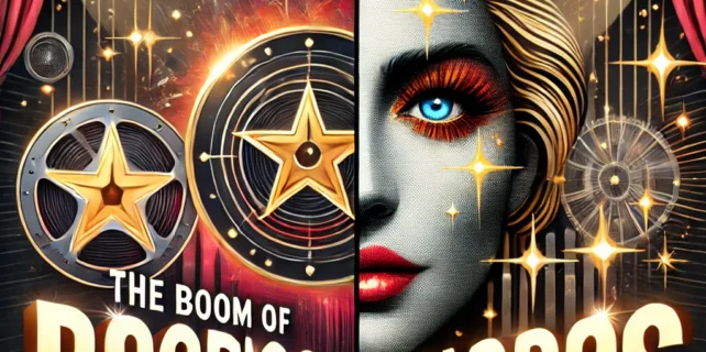 DALL·E 2024-12-12 17.41.17 – A visually captivating thumbnail for a video titled ‘The Boom of Biopics_ Stories of Stars Coming to Screen.’ The design includes a split-screen effec