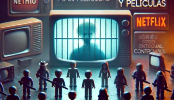 DALL·E 2024-12-13 07.34.20 – Miniatura para un artículo titulado ‘Las Series y Películas Prohibidas por su Contenido Controversial’. La imagen presenta un fondo oscuro con un toqu