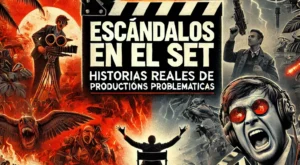 DALL·E 2024-12-13 07.49.29 – A visually engaging YouTube thumbnail for the title ‘Escándalos en el Set_ Historias Reales de Producciones Problemáticas’. The design features a chao