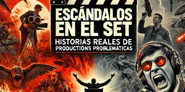 DALL·E 2024-12-13 07.49.29 – A visually engaging YouTube thumbnail for the title ‘Escándalos en el Set_ Historias Reales de Producciones Problemáticas’. The design features a chao