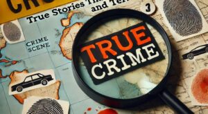 Una lupa sobre un mapa con huellas digitales y una cinta de escena del crimen, con el texto True Crime_ Historias Reales que Fascinan y Aterrorizan