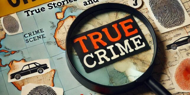 Una lupa sobre un mapa con huellas digitales y una cinta de escena del crimen, con el texto True Crime_ Historias Reales que Fascinan y Aterrorizan