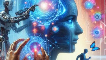 una ilustración futurista que represente tanto a personas como a máquinas trabajando juntas, con una figura humana interactuando con un robot o una red neuronal visual