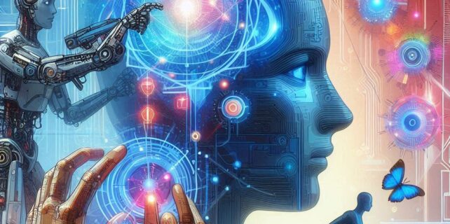 una ilustración futurista que represente tanto a personas como a máquinas trabajando juntas, con una figura humana interactuando con un robot o una red neuronal visual