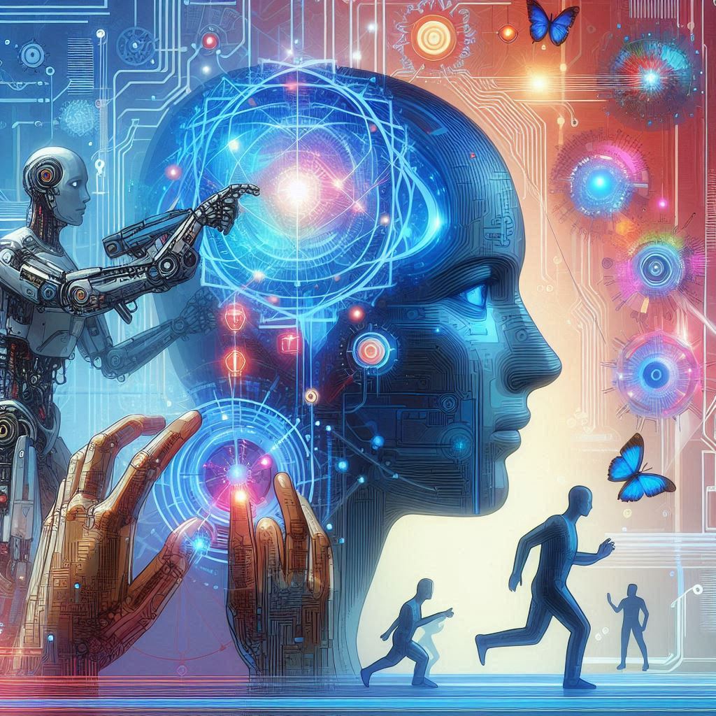 una ilustración futurista que represente tanto a personas como a máquinas trabajando juntas, con una figura humana interactuando con un robot o una red neuronal visual