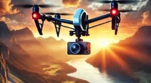 DALL·E 2025-01-09 18.27.19 – A cinematic scene showcasing a drone equipped with a high-resolution camera flying over a breathtaking natural landscape during sunset. The drone is c