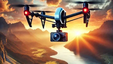 DALL·E 2025-01-09 18.27.19 – A cinematic scene showcasing a drone equipped with a high-resolution camera flying over a breathtaking natural landscape during sunset. The drone is c