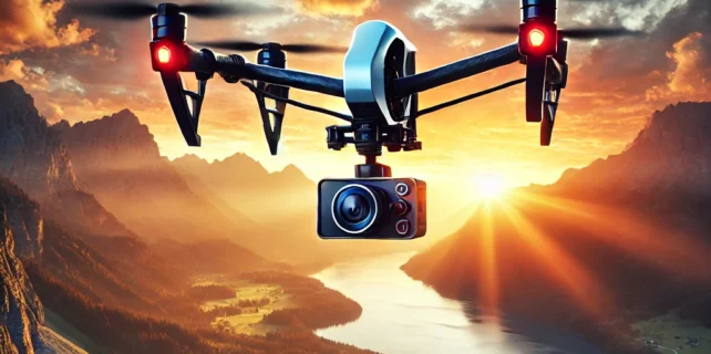 DALL·E 2025-01-09 18.27.19 – A cinematic scene showcasing a drone equipped with a high-resolution camera flying over a breathtaking natural landscape during sunset. The drone is c