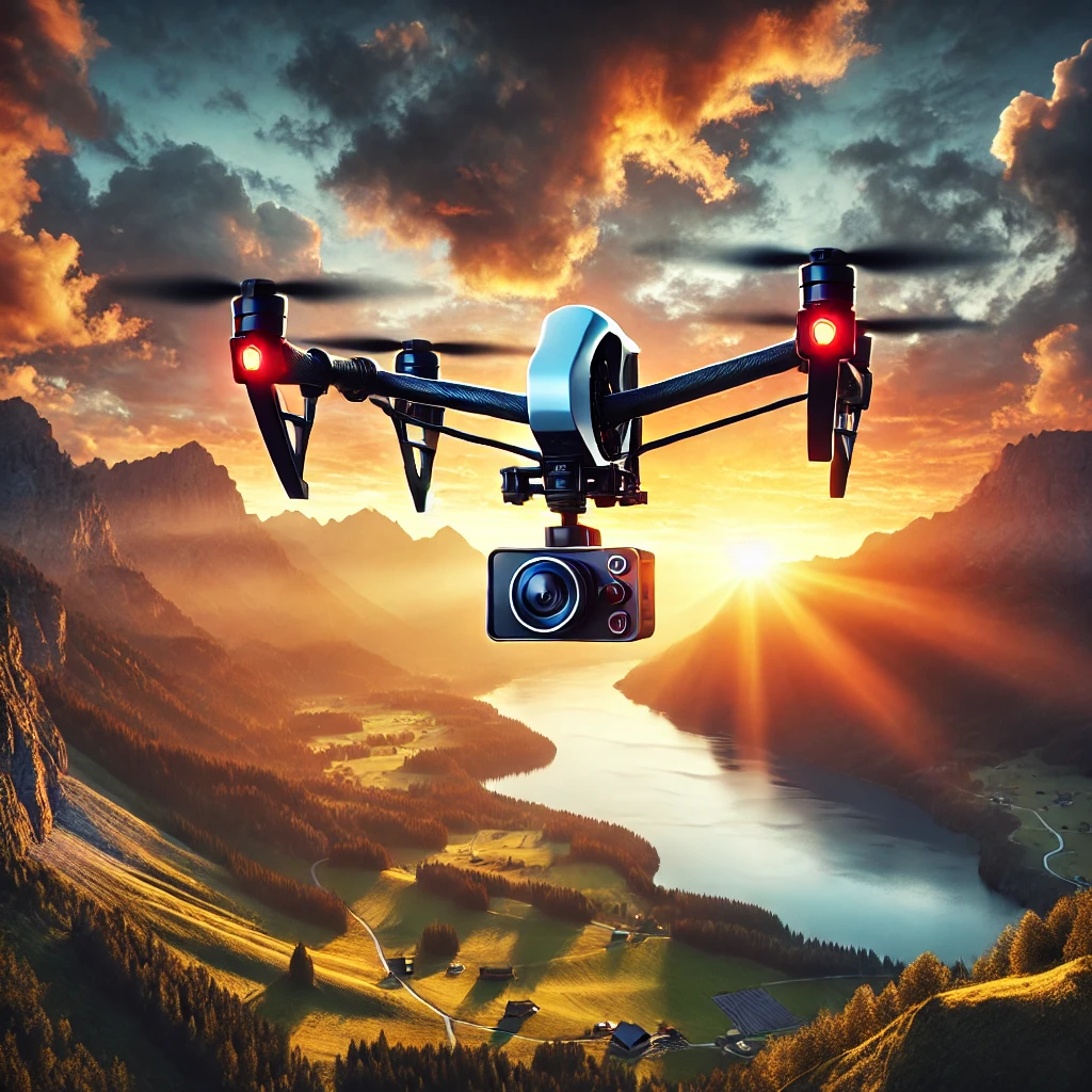 DALL·E 2025-01-09 18.27.19 – A cinematic scene showcasing a drone equipped with a high-resolution camera flying over a breathtaking natural landscape during sunset. The drone is c