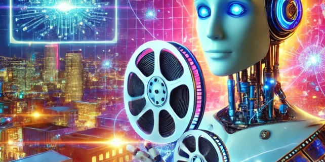 DALL·E 2025-01-09 18.34.40 – A vibrant and futuristic movie poster featuring an artificial intelligence robot holding a film reel, surrounded by holographic movie scenes. The back