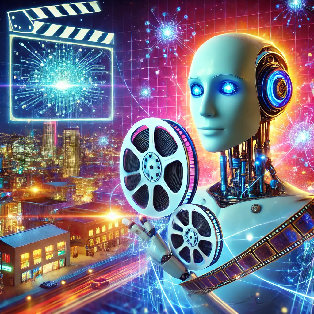 DALL·E 2025-01-09 18.34.40 – A vibrant and futuristic movie poster featuring an artificial intelligence robot holding a film reel, surrounded by holographic movie scenes. The back