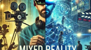 DALL·E 2025-01-09 18.42.31 – A visually striking cinematic thumbnail showcasing the concept of mixed reality in film production. The image features a filmmaker wearing augmented r