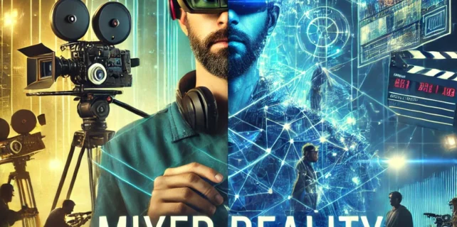 DALL·E 2025-01-09 18.42.31 – A visually striking cinematic thumbnail showcasing the concept of mixed reality in film production. The image features a filmmaker wearing augmented r